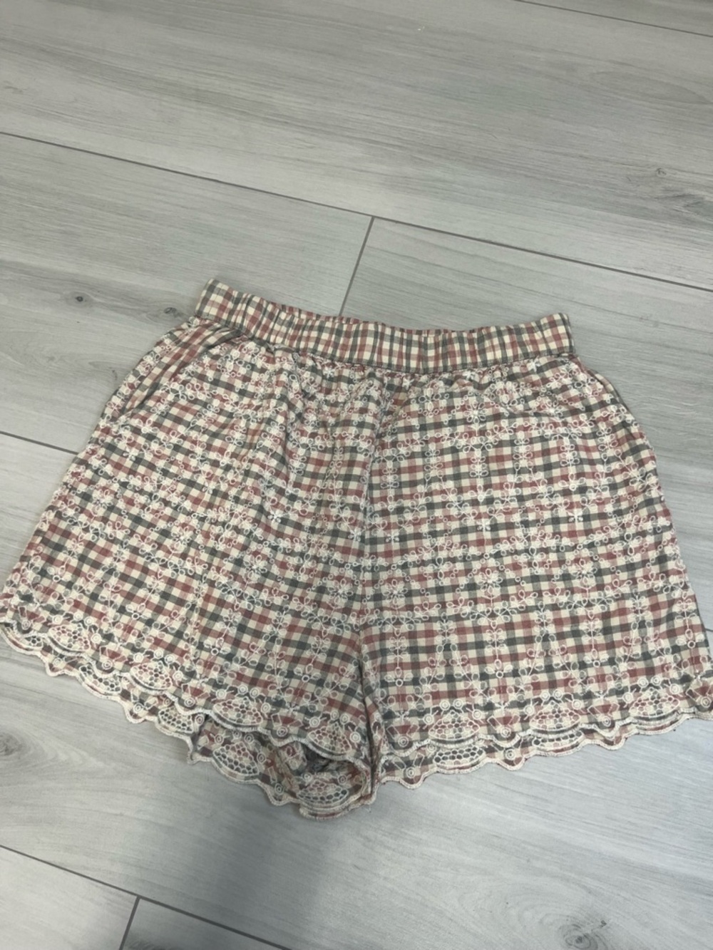 Plaid Lace-Trim Women's Shorts Cream Brown Sz M Cottagecore Coastal Grandma
